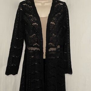 Vocal Lace Knit with Studded Faux Suede, Scalloped Hem Open Front Cardigan